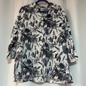 Habitat black & white floral blouse button up womens M Tunic Linen blend boho